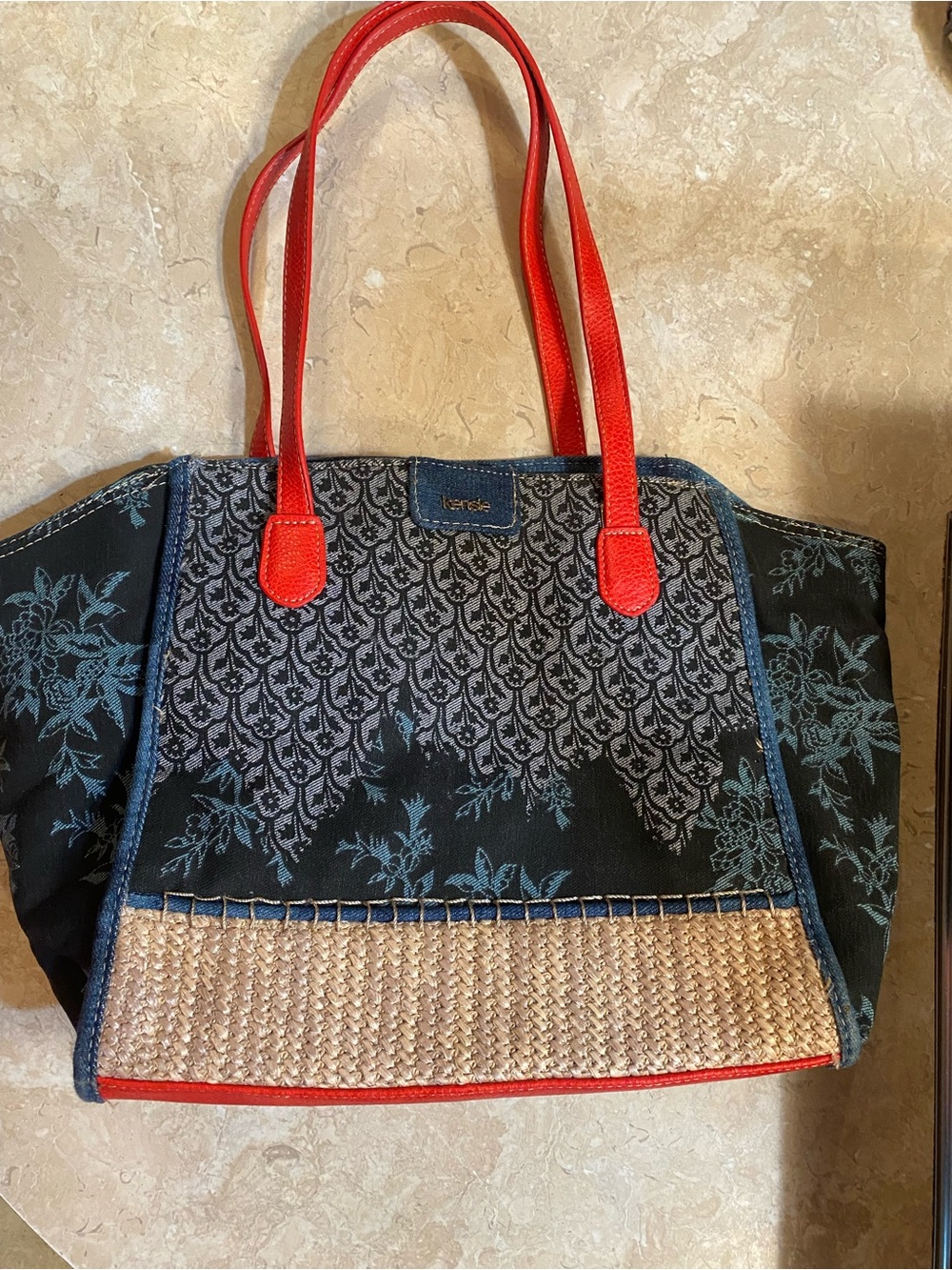 Kensie Black Tote with Red Handles and Blue Patterned Accents